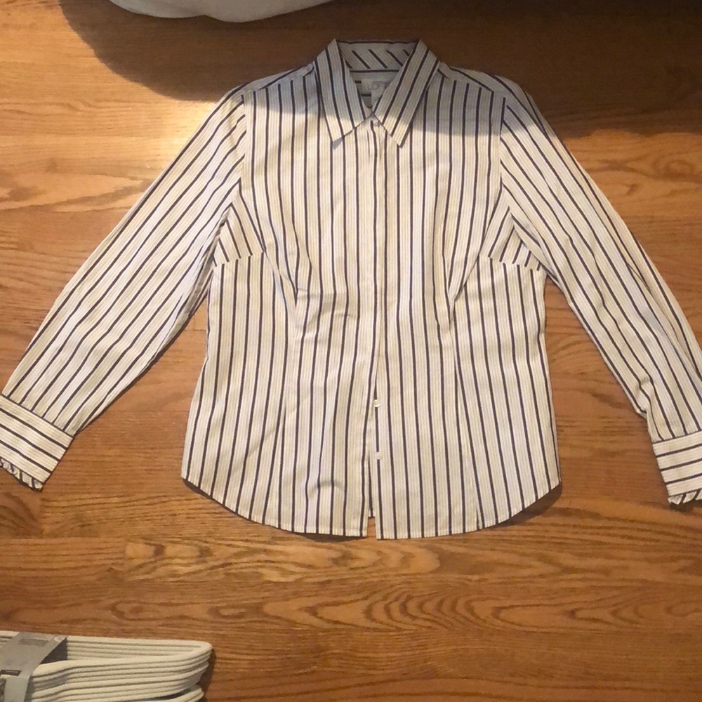 Brown/white striped button up long sleeve shirt